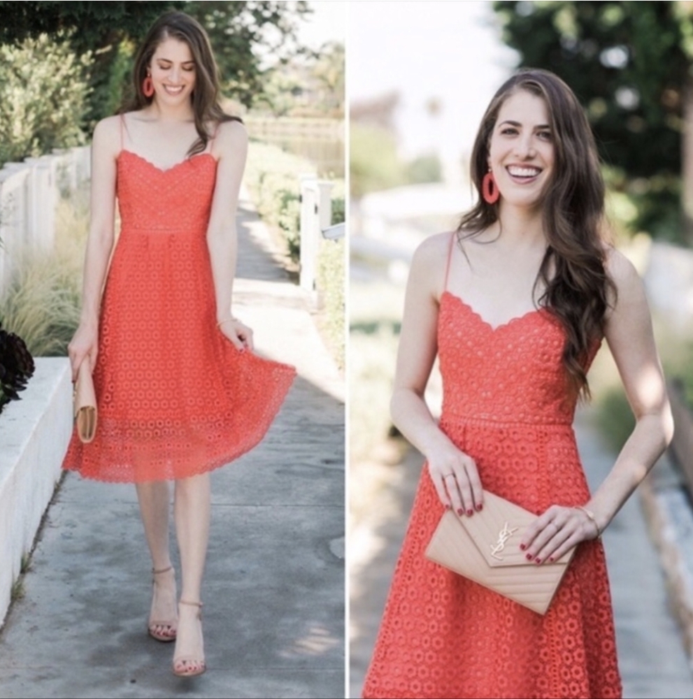 J.Crew Women's Midi Dress scalloped hem coral Eyelet lace Dainty Feminine Size 8